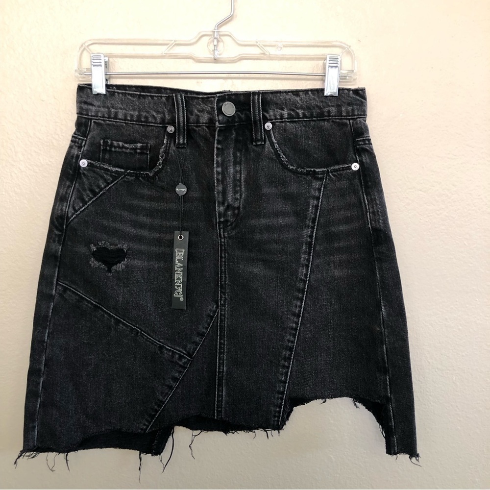 Blank NYC Black Ice Patchwork Asymmetric Distressed Raw Hem Mini Skirt Size 25